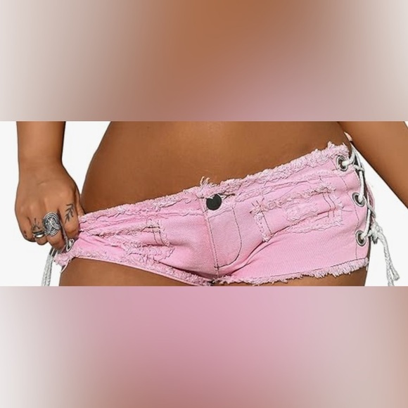 Pink jean jean shorts rave bottom club booty micro bikini beach rave festival - Picture 2 of 3